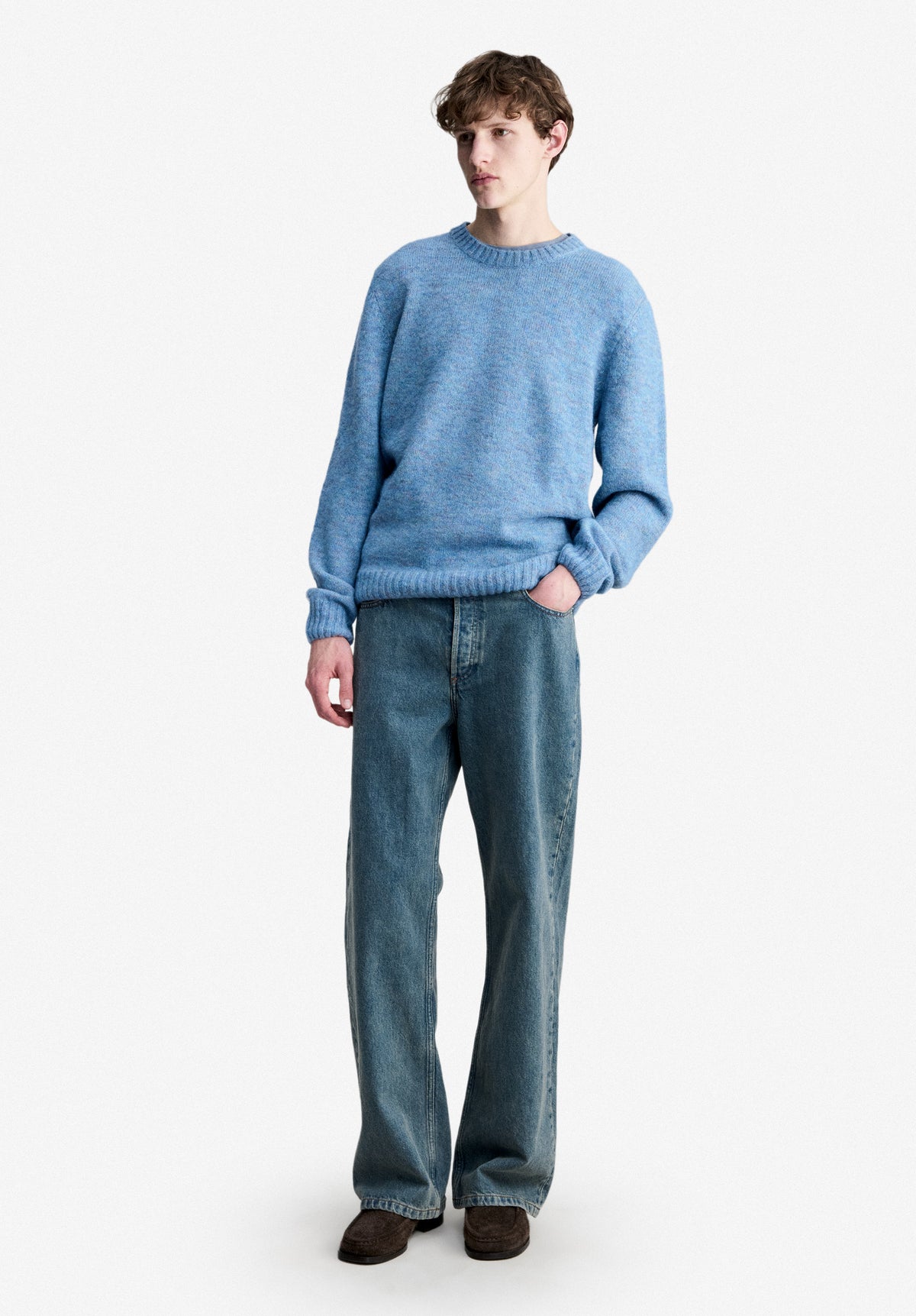 Loose-fit heather light blue and brick red sweater - 1
