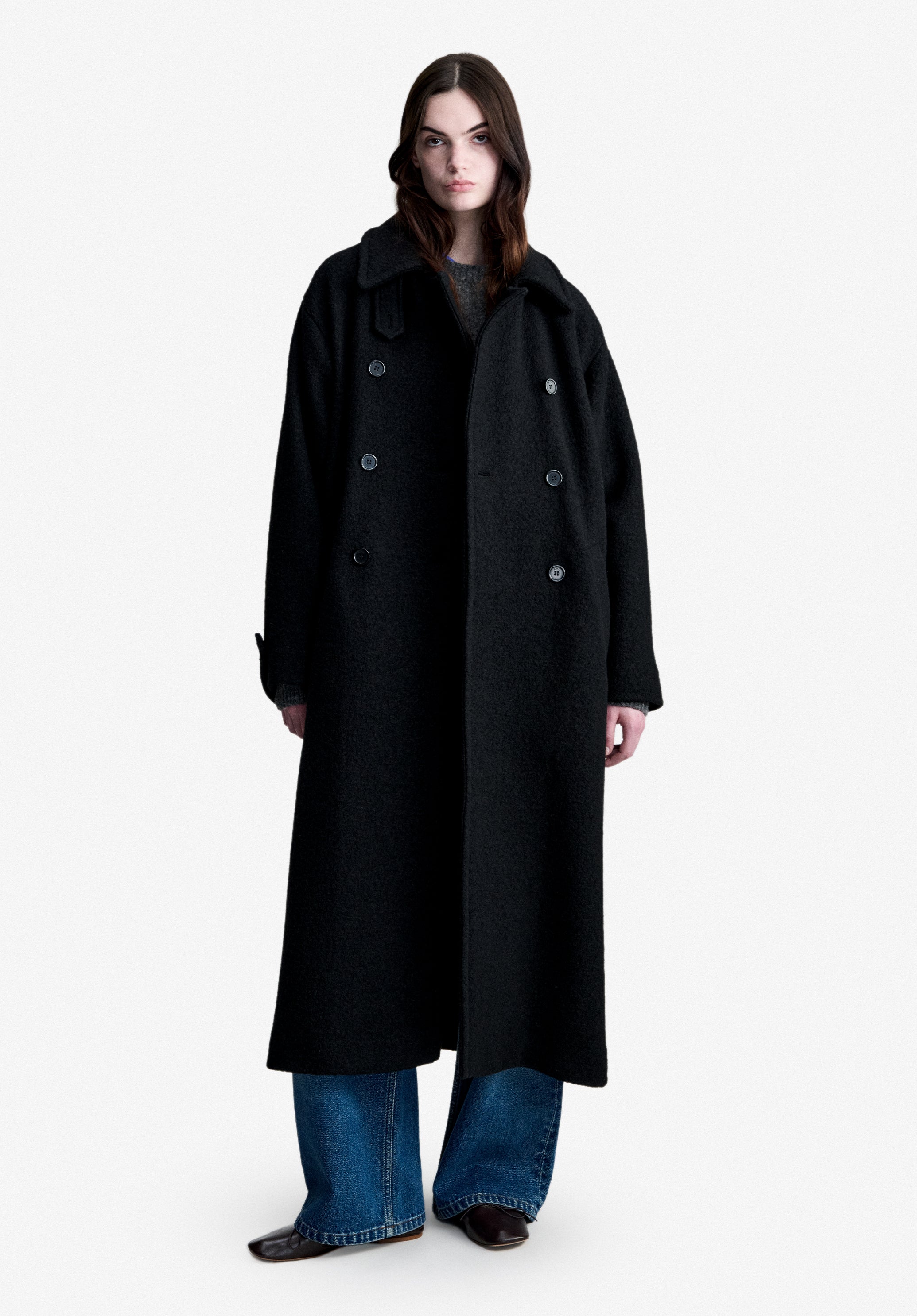 Oversized black coat in boiled Italian wool - 1