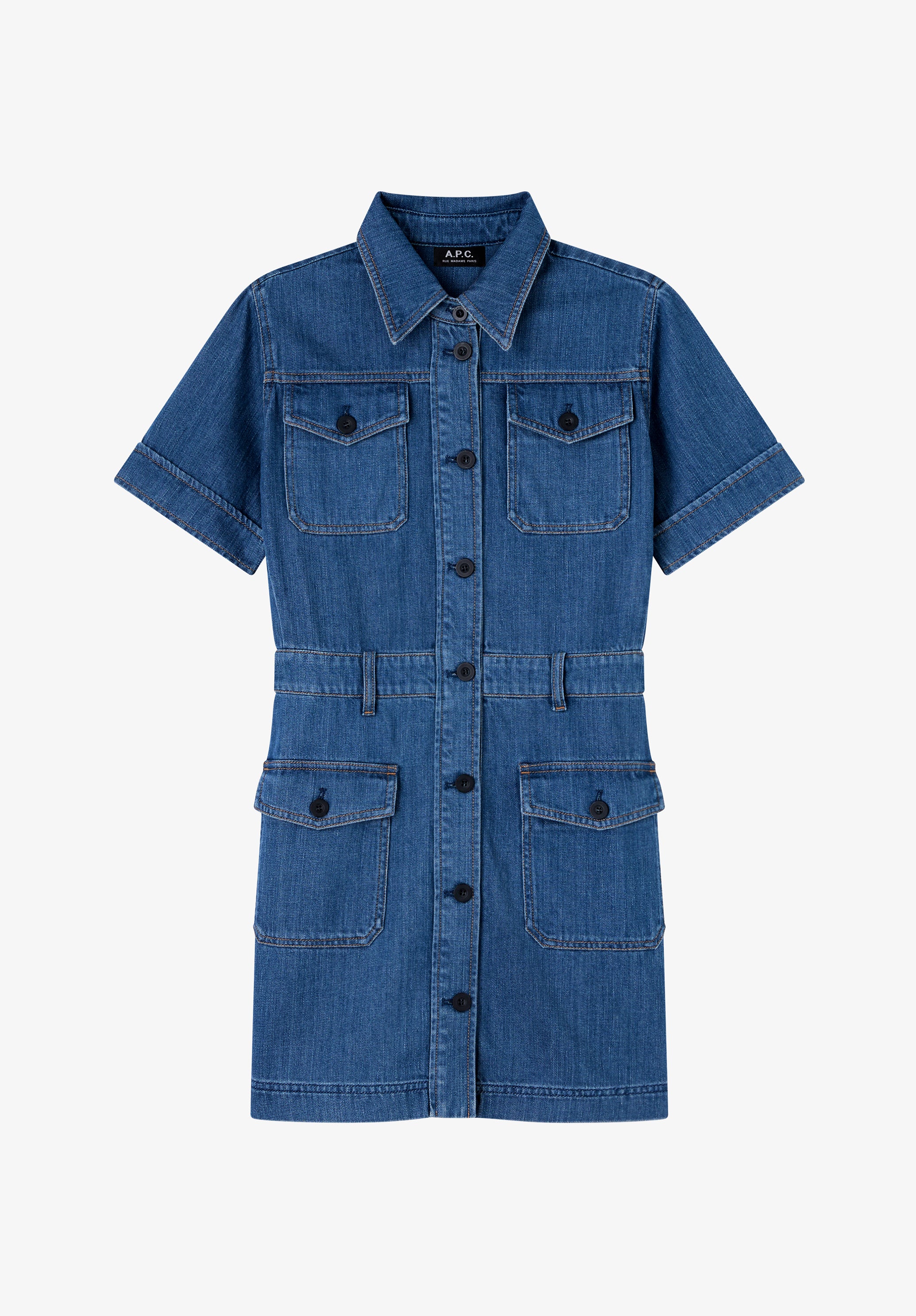 Faded denim dress with pockets - 0