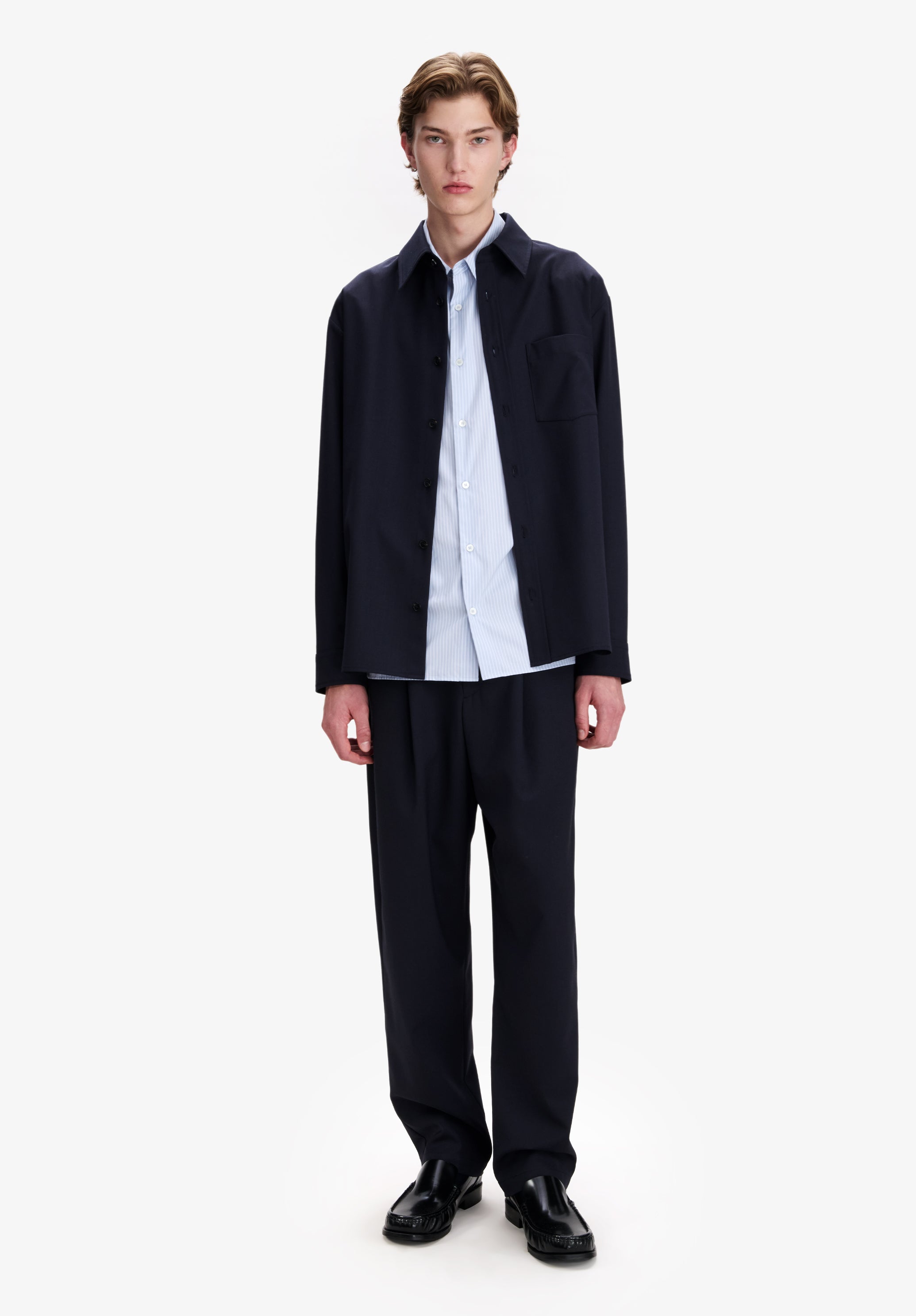 Navy blue lightweight wool overshirt. - 1