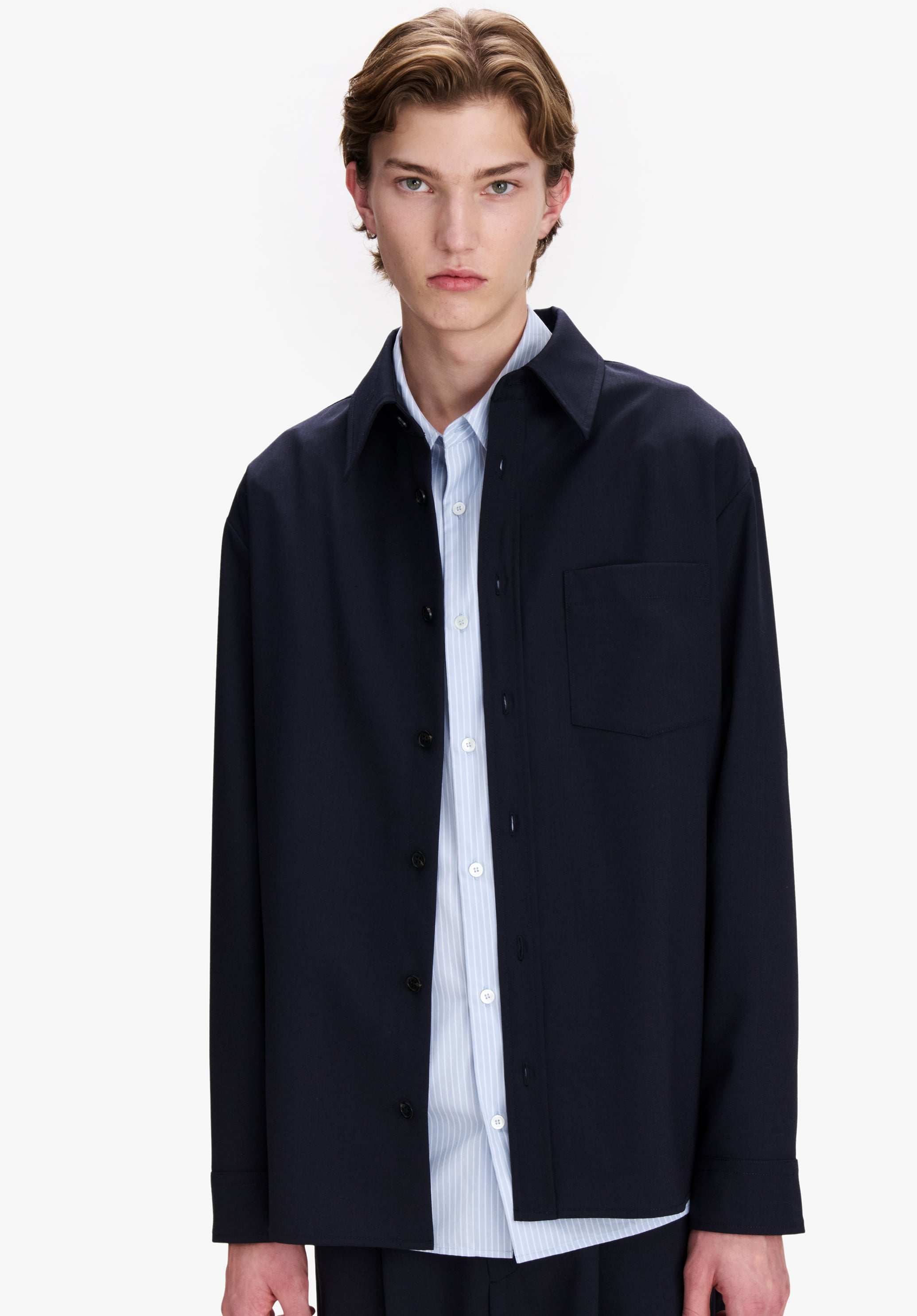 Navy blue lightweight wool overshirt. - 3