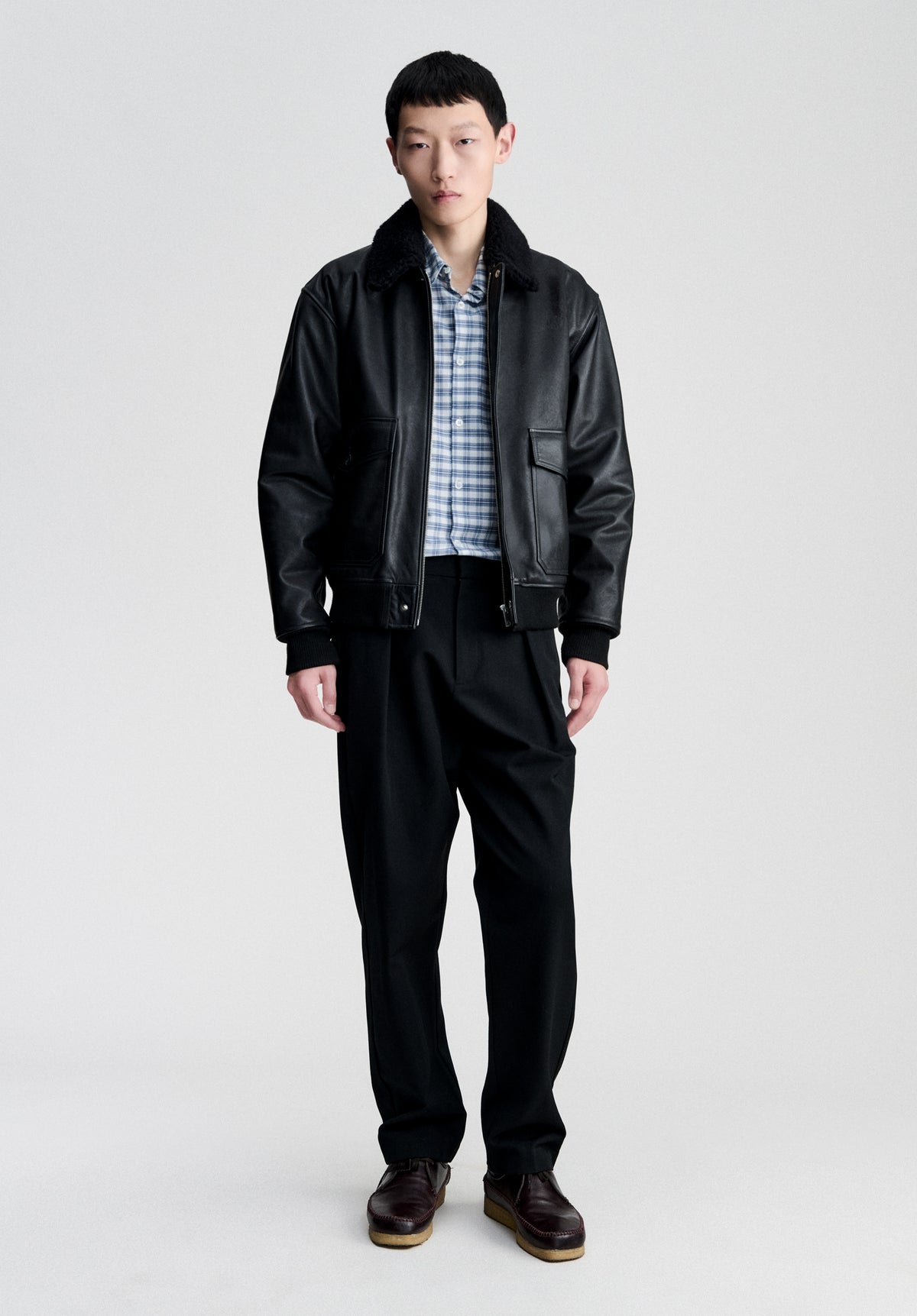 Black leather bomber jacket