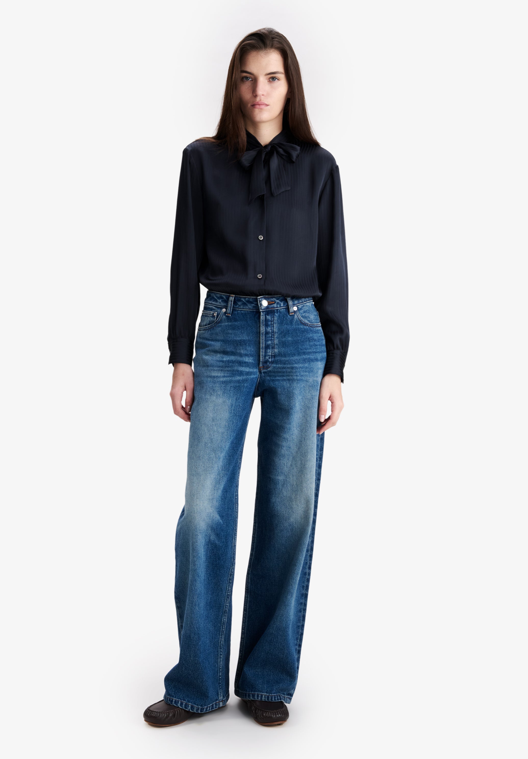 Navy blue tie collar blouse - 1